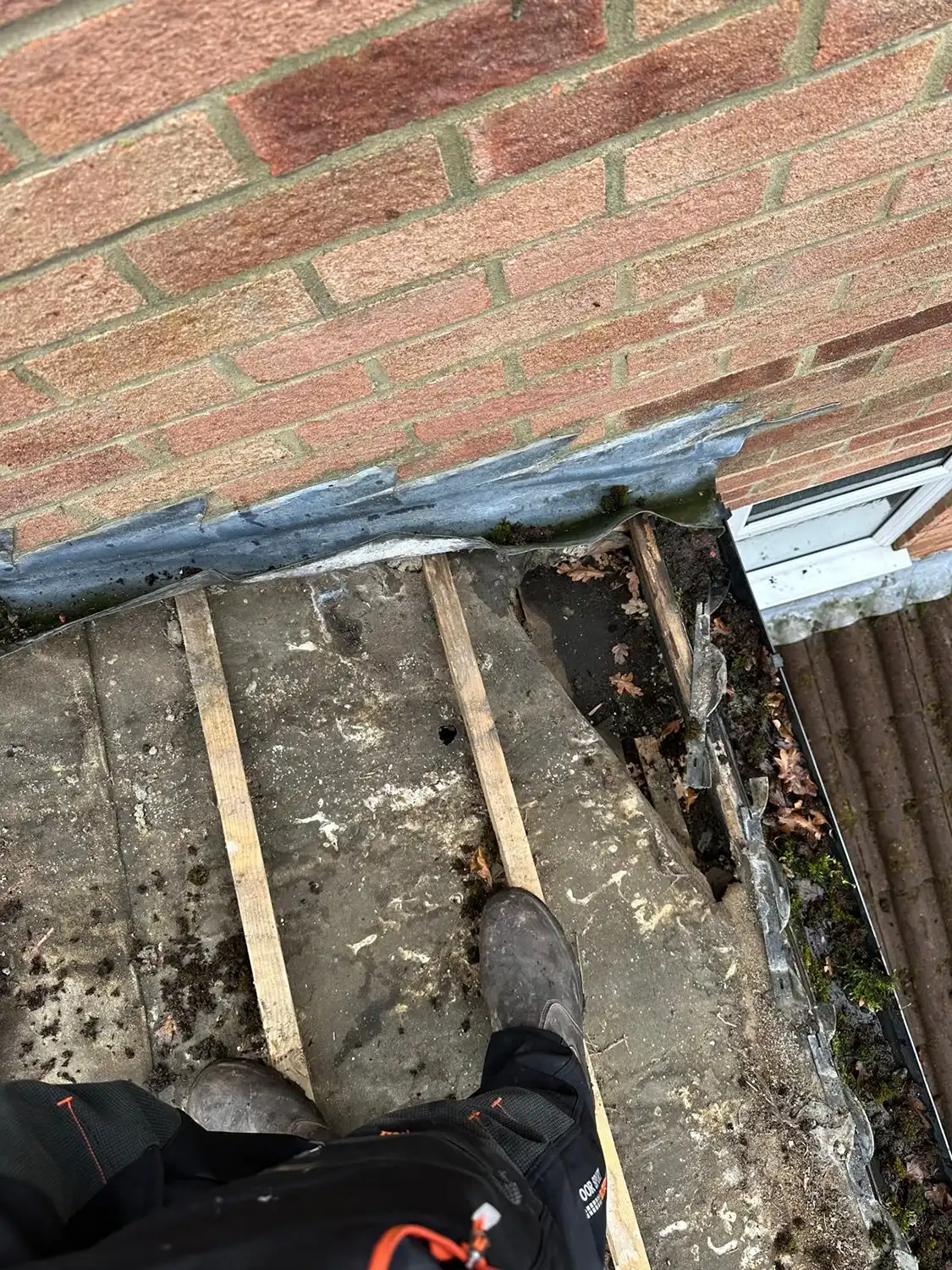 Person standing on a roof with missing tiles near a brick wall and a basement window.