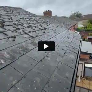 Roof with black tiles covered in scattered moss under cloudy sky.